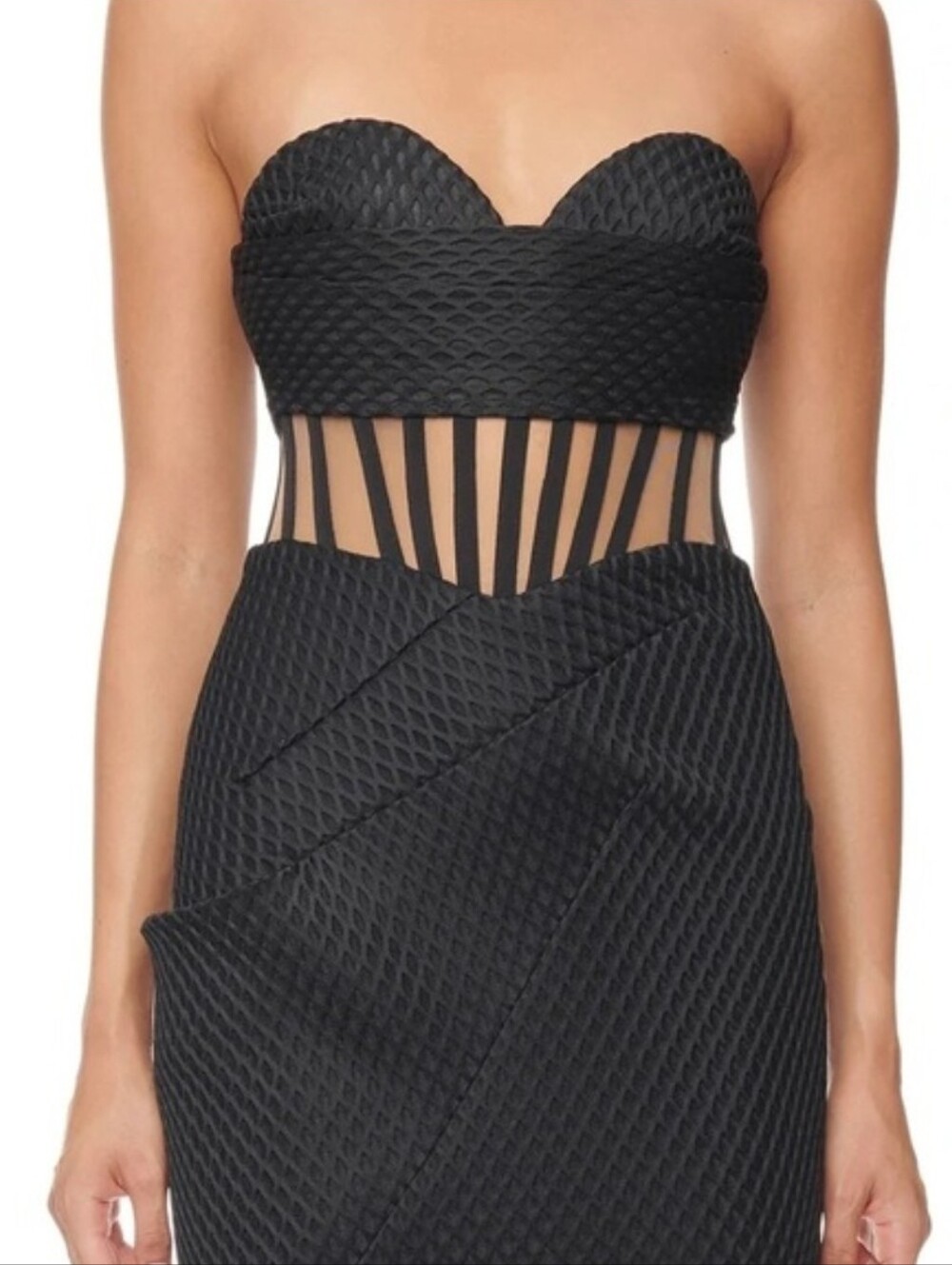 Strapless Black Textured Sheath Dress with Sheer Cutout Waistband
